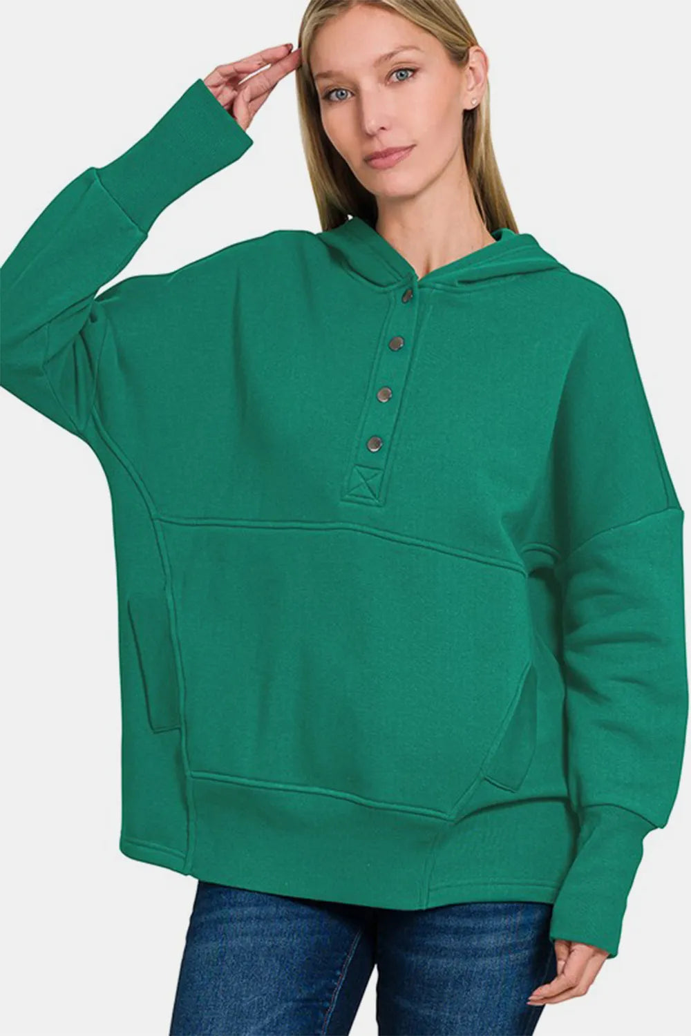 Image of Zenana Half Snap Long Sleeve Hoodie with Kangaroo Pocket | Queeble.shop
