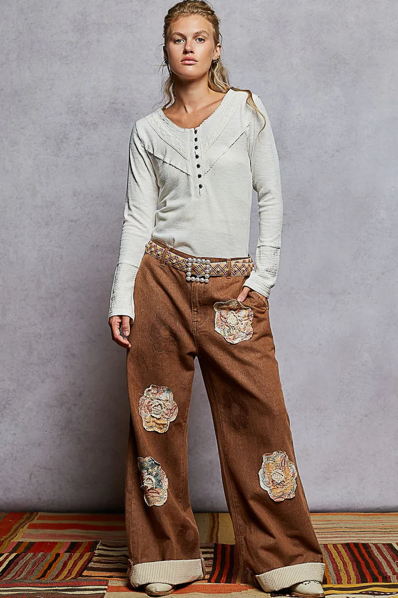 Image of POL Ribbed Half Button Lace Detail Knit Top | Queeble.shop