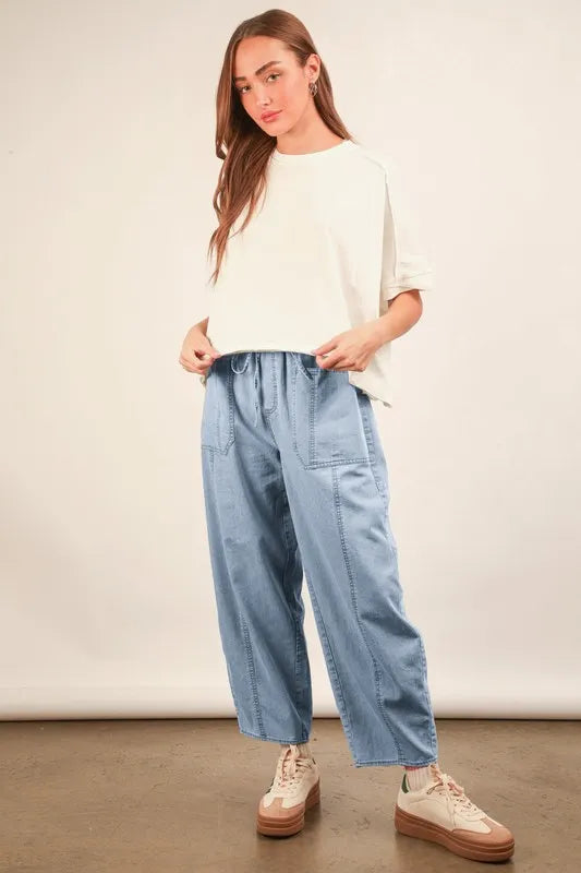 Image of VERY J Washed Chambray Barrel Denim Pants | Queeble.shop