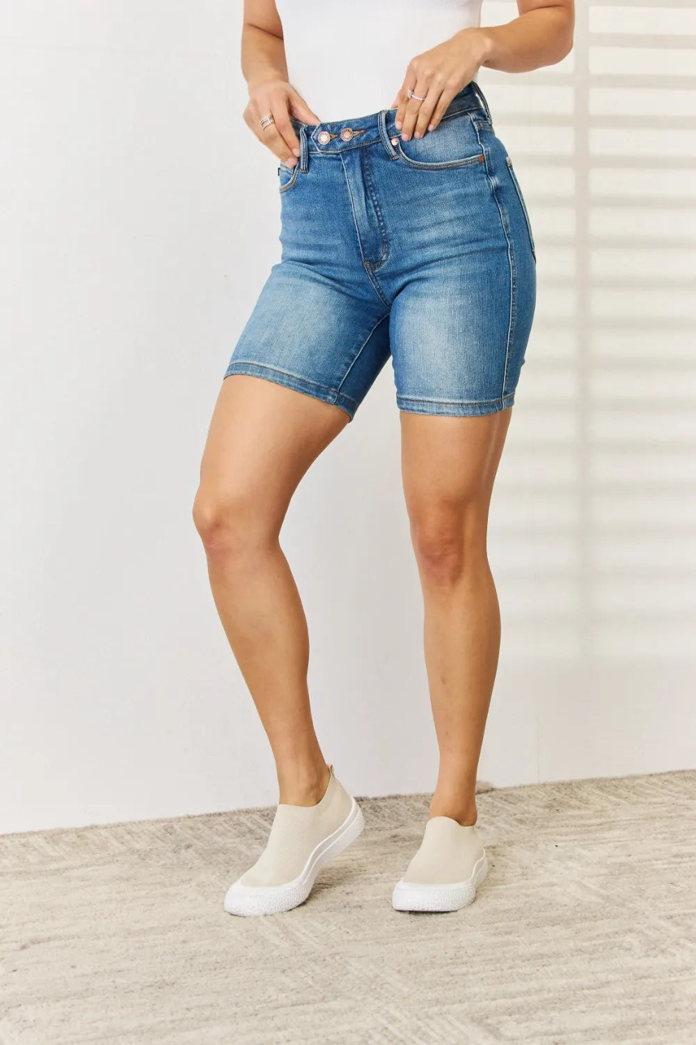 Image of Judy Blue Full Size Tummy Control Double Button Bermuda Denim Shorts | Queeble.shop