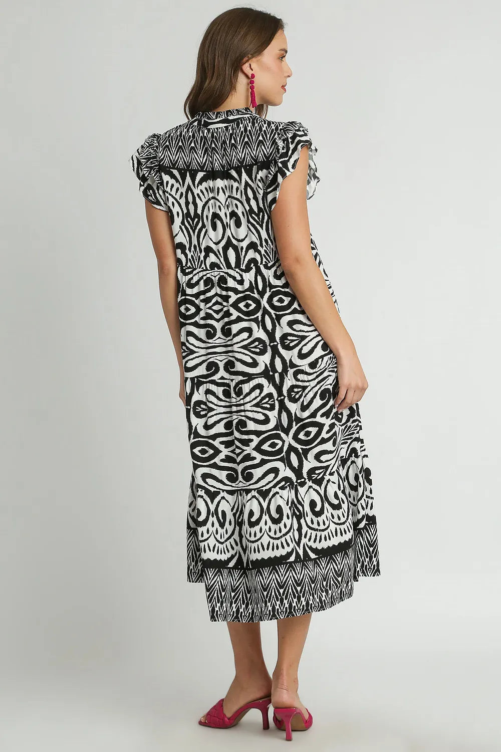 Image of Umgee Full Size Two Tone Border Print Ruffle Cap Sleeve Midi Dress Plus Size | Queeble.shop