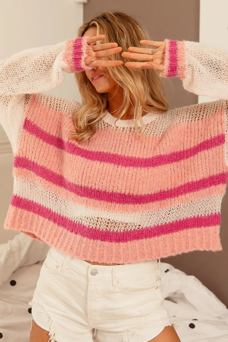 Image of BiBi Hollow Out Yoke Detail Striped Sweater | Queeble.shop