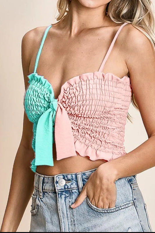 Image of BiBi Woven Color Block Smocked with Ribbon Bra Top | Queeble.shop