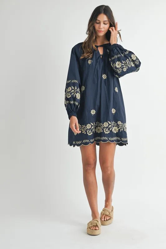 Image of MABLE Embroidered Long Sleeve Peasant Mini Dress | Queeble.shop