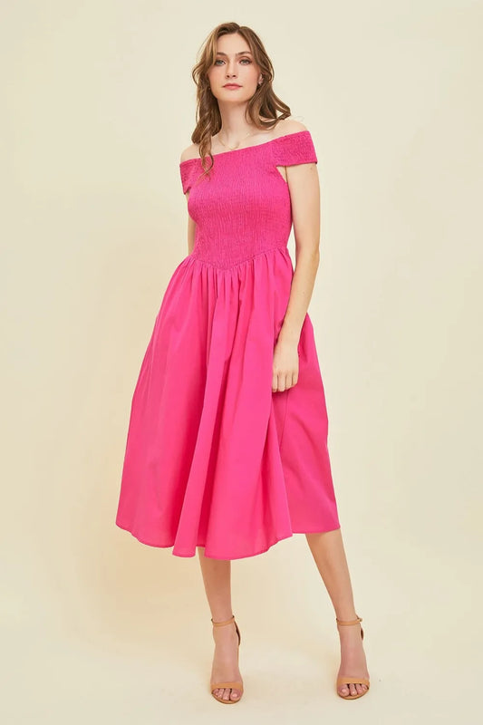 Image of HEYSON Off-Shoulder Smocked Midi Dress | Queeble.shop