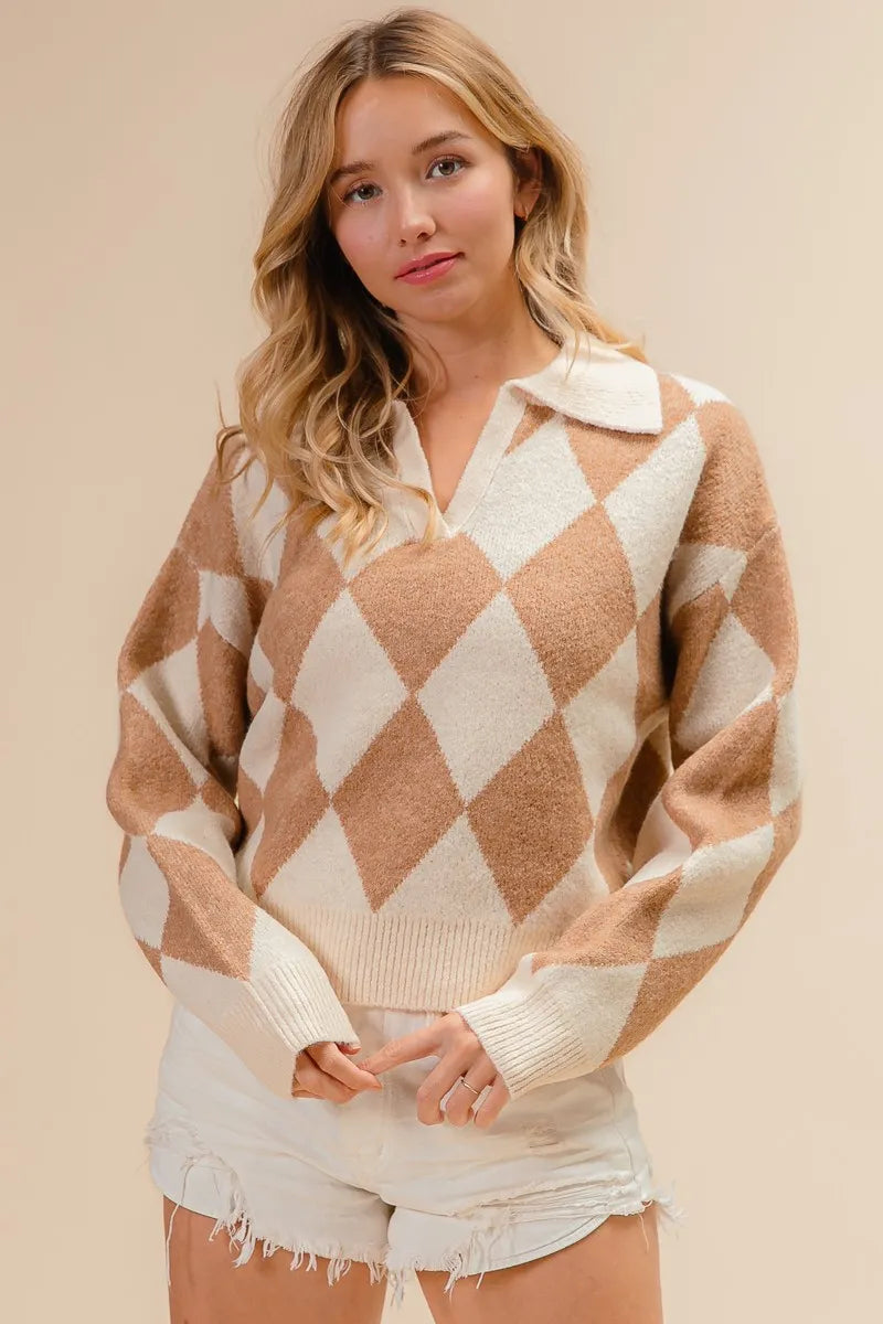 Image of BiBi Diamond Pattern Collared Notch Neck Sweater | Queeble.shop