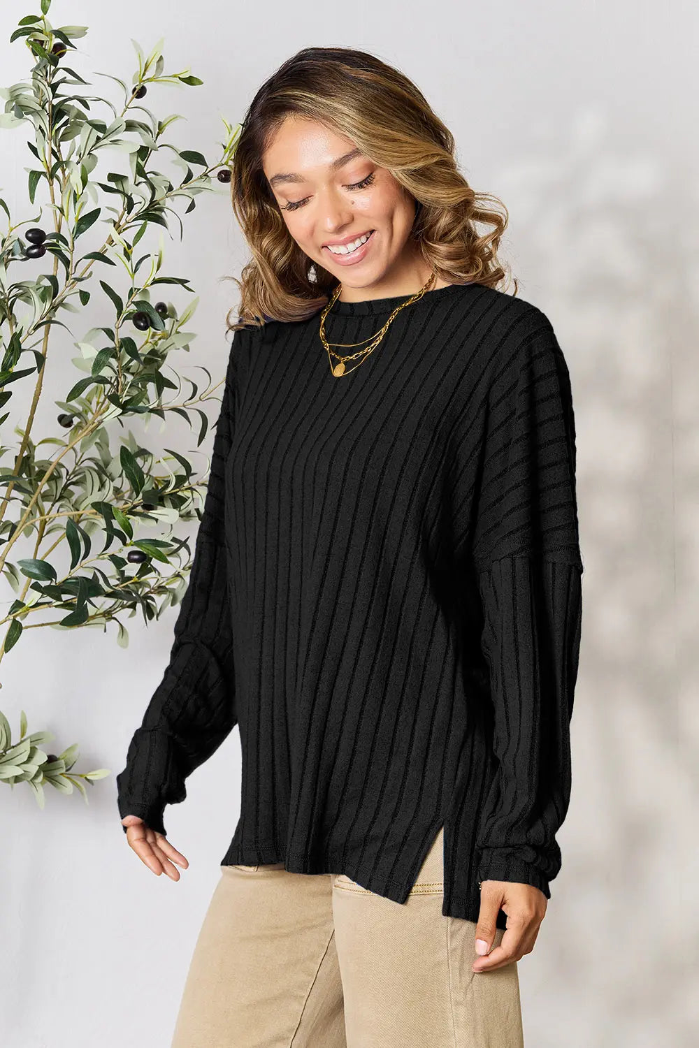 Image of Basic Bae Full Size Ribbed Round Neck Slit Knit Top | Queeble.shop