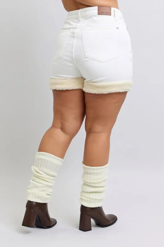 Image of Judy Blue Full Size High Waist Shearling Cuff Denim Shorts Plus Size | Queeble.shop