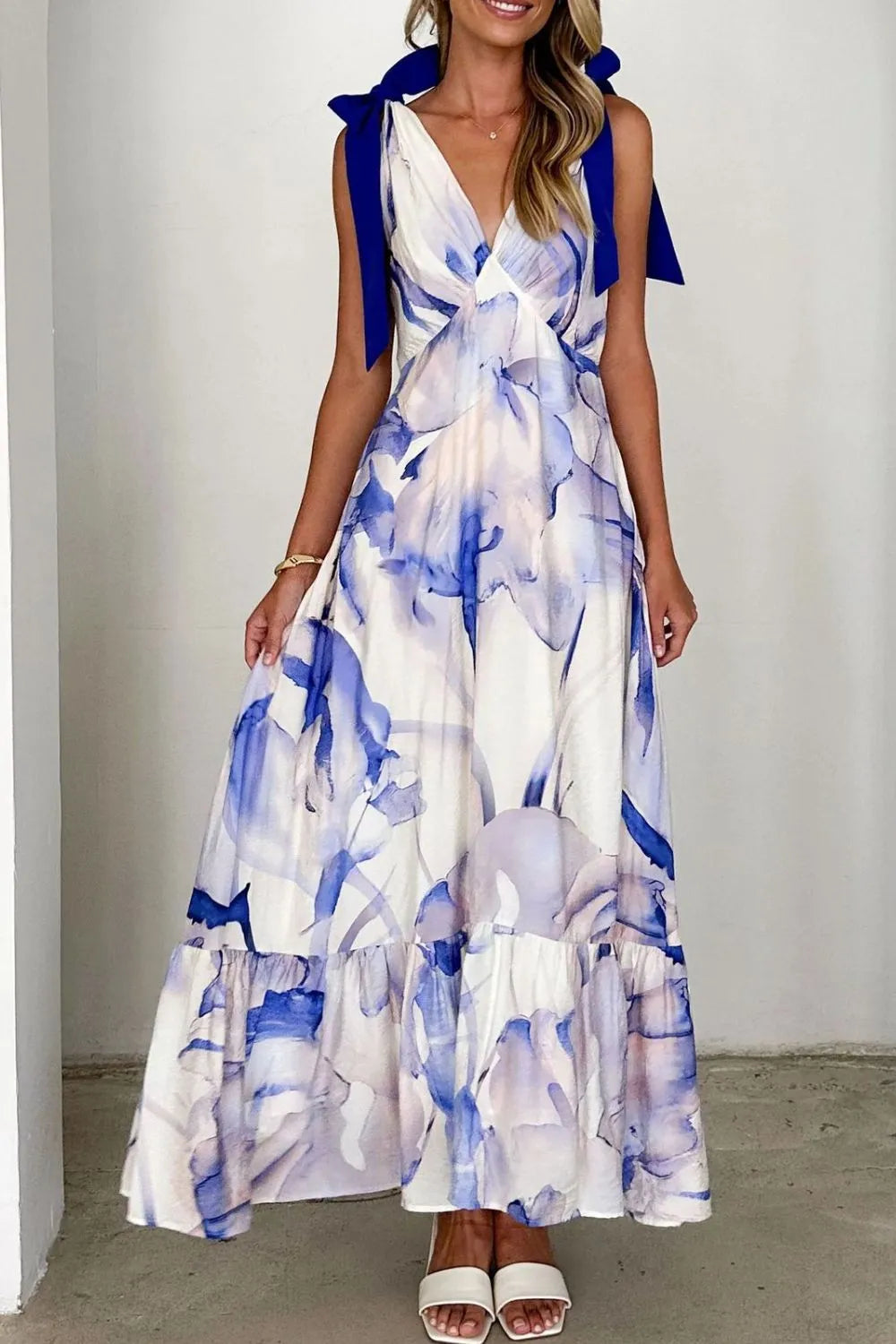 Image of Printed V-Neck Tie Shoulder Midi Cami Dress | Queeble.shop
