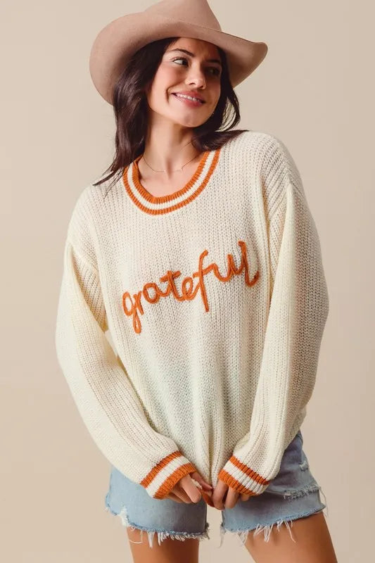 Image of SO ME Thanksgiving Grateful Lettering Stitch Sweater | Queeble.shop