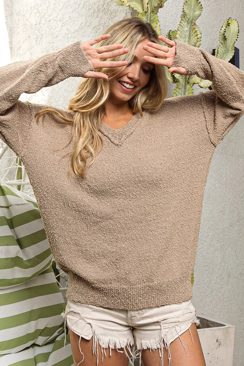 Image of BiBi Raw Edged Popcorn Texture V-neck Sweater | Queeble.shop