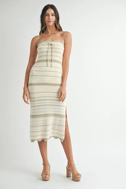 Image of MABLE Contrast Striped Crochet Knit Midi Dress | Queeble.shop