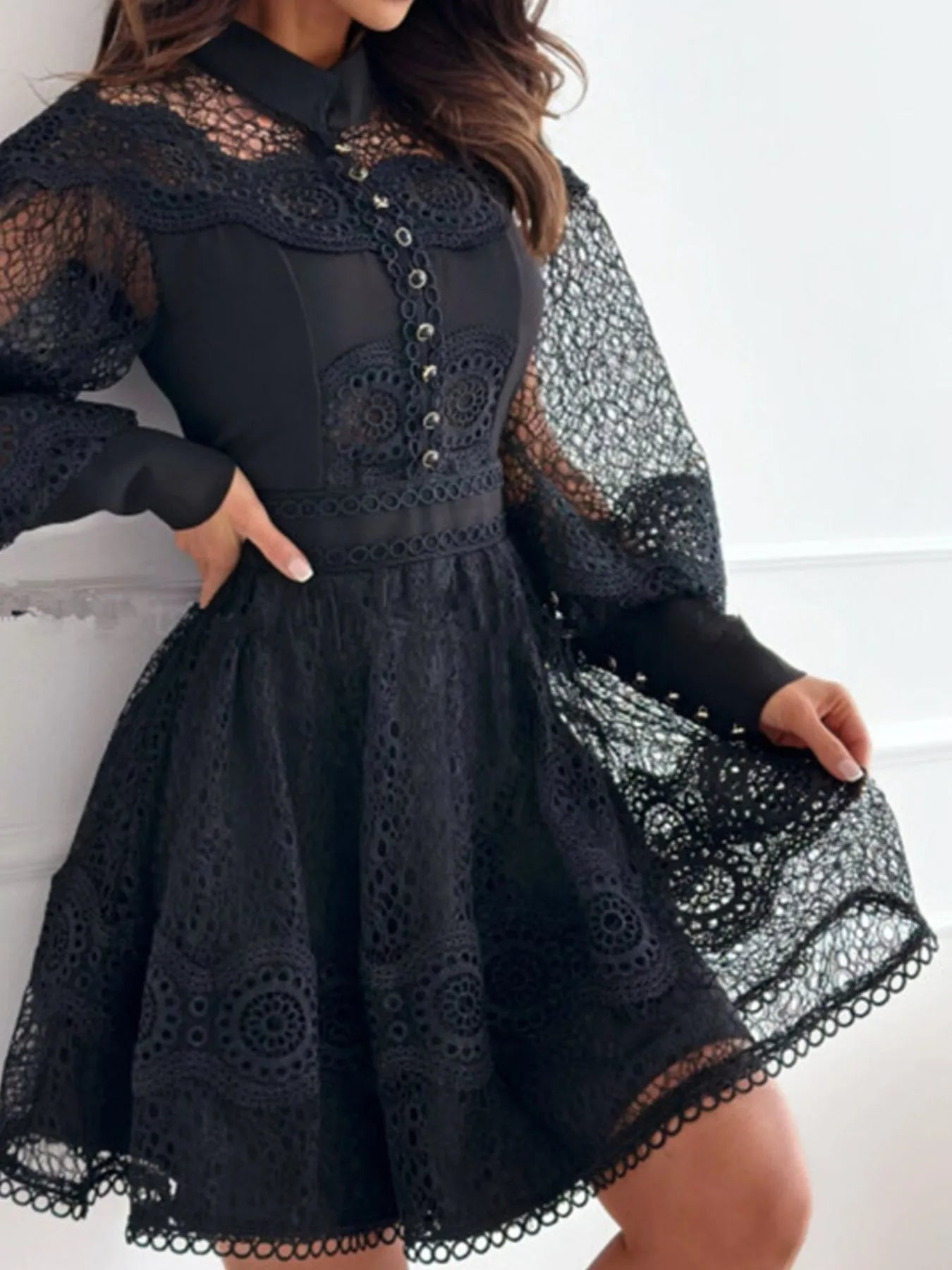 Image of Lace Lantern Sleeve Mini Dress | Queeble.shop