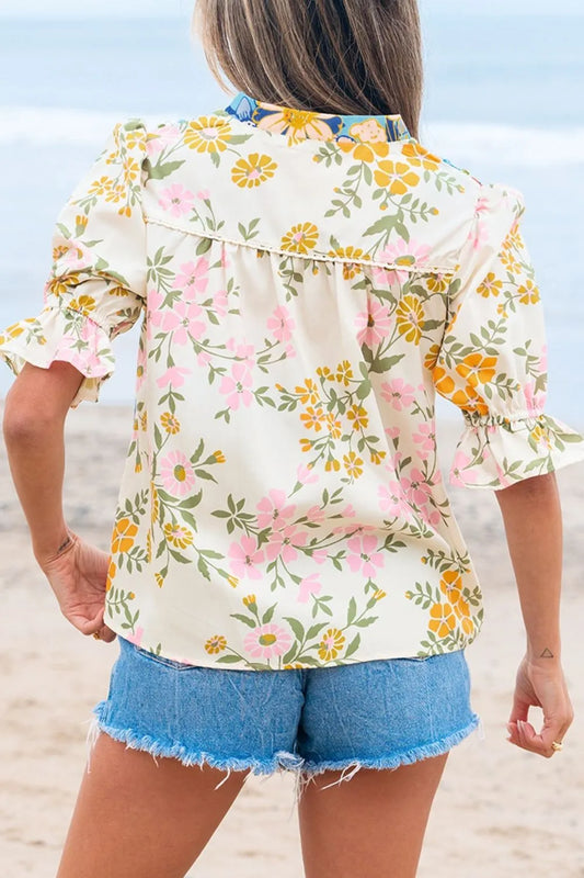 Image of Multicolour Crochet V Neck Half Sleeve Boho Floral Blouse | Queeble.shop