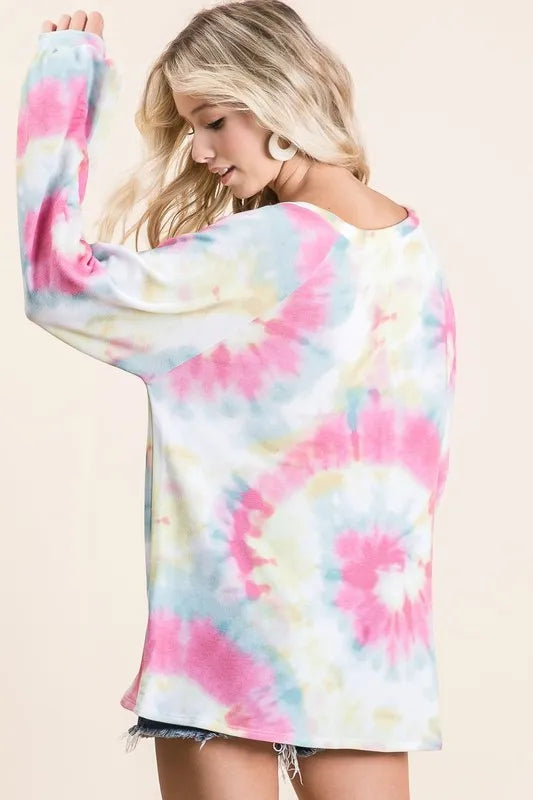 Image of BiBi Tie Dye Print Terry Top With Puff Sleeves | Queeble.shop