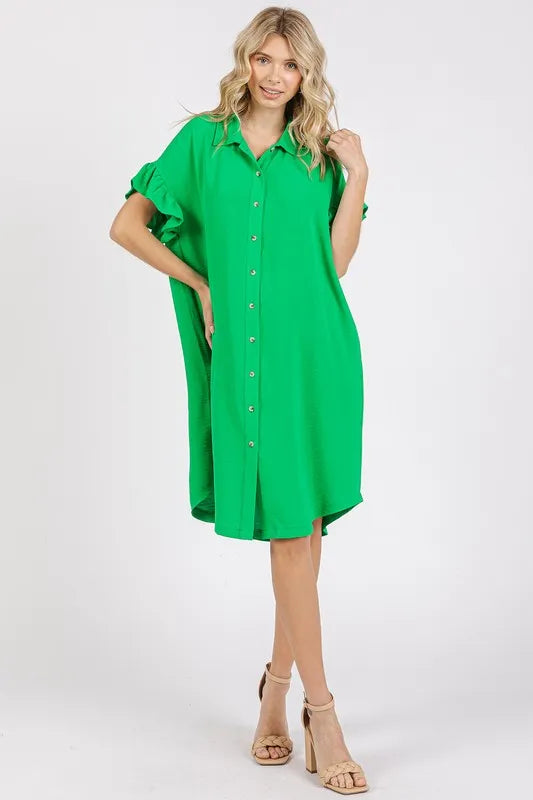 Image of Mittoshop Button Down Flounce Sleeve Dress with Pockets | Queeble.shop
