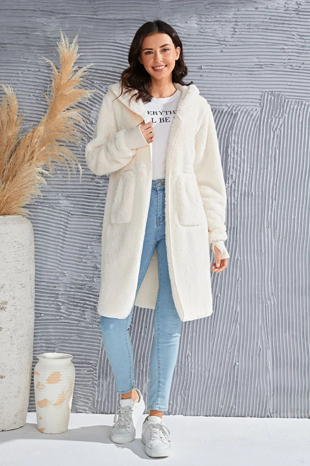 Image of Double Take Full Size Hooded Teddy Bear Jacket with Thumbholes | Queeble.shop