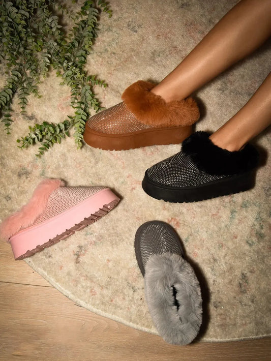 Image of WILD DIVA Embellished Faux Fur Platform Booties | Queeble.shop