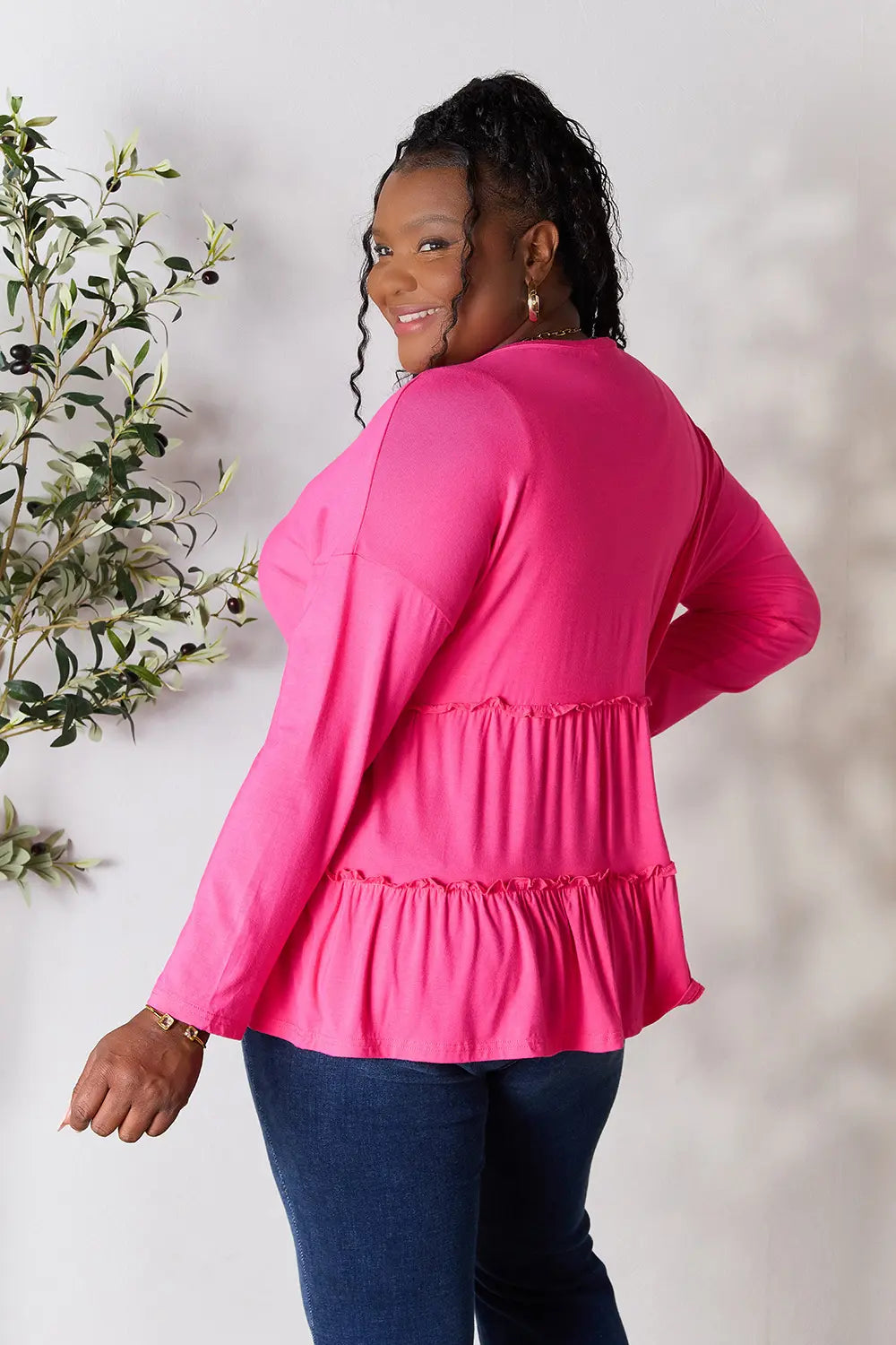 Image of Double Take Half Button Long Sleeve Ruffle Hem Blouse | Queeble.shop
