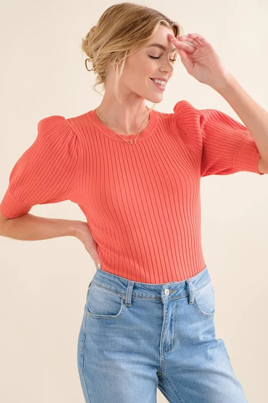 Image of And The Why Puffed Half Sleeve Rib Basic Bodysuit | Queeble.shop