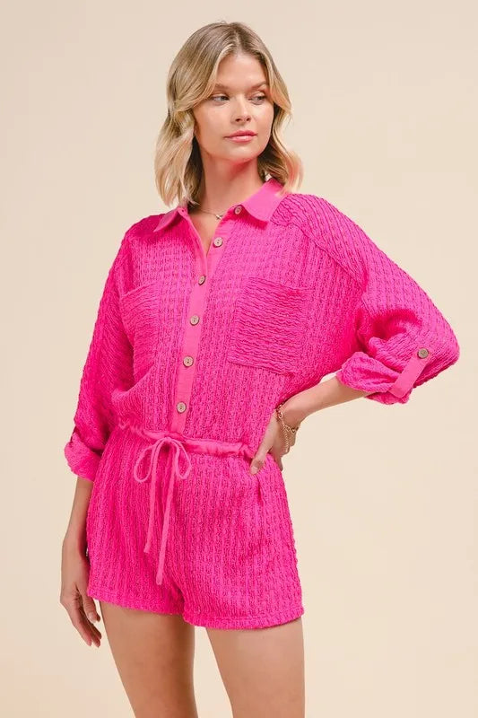 Image of SO ME Textured Knit Button Front Romper | Queeble.shop