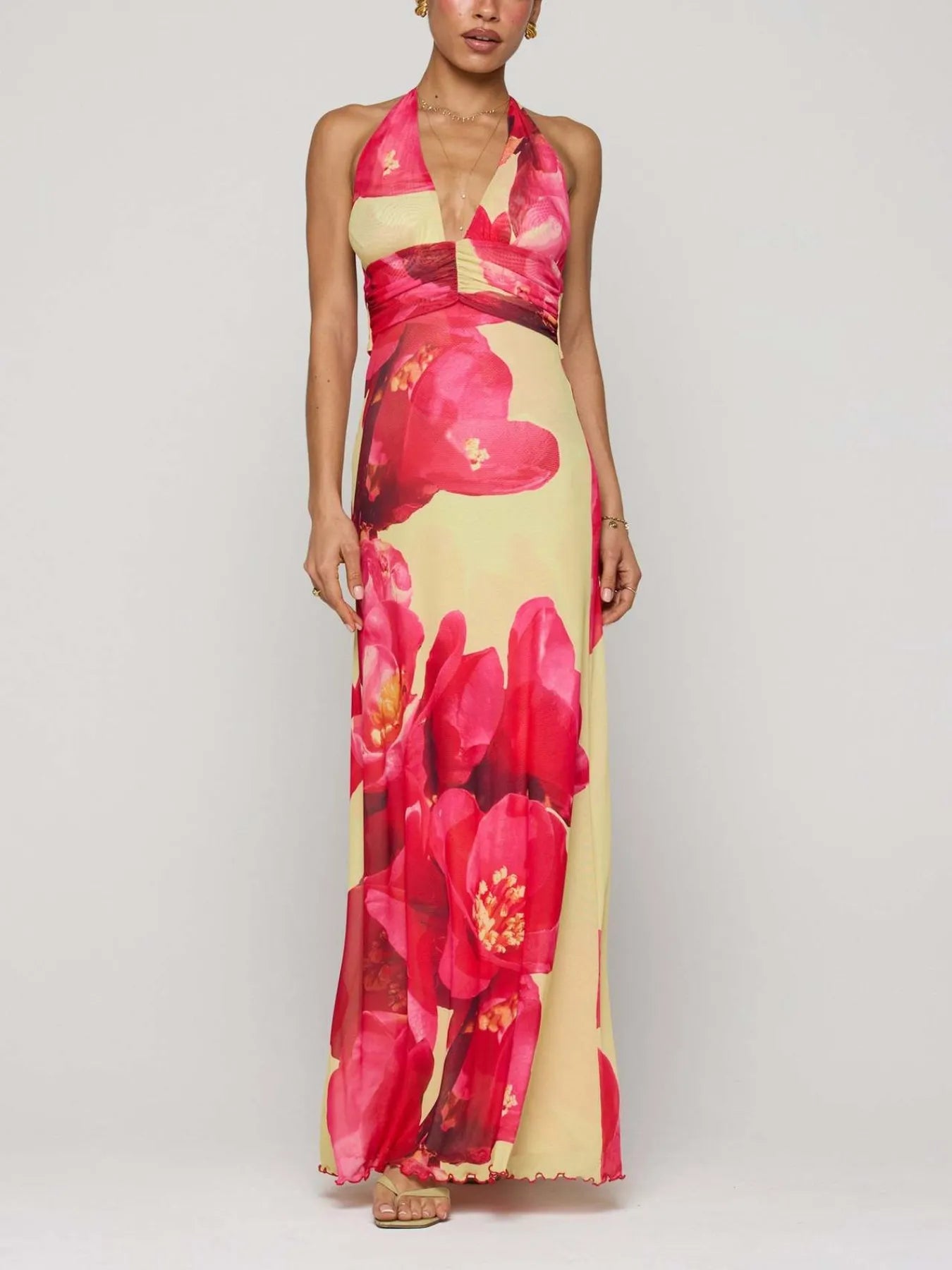 Image of Floral Halter Neck Deep V Maxi Dress | Queeble.shop