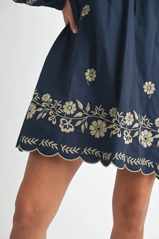 Image of MABLE Embroidered Long Sleeve Peasant Mini Dress | Queeble.shop
