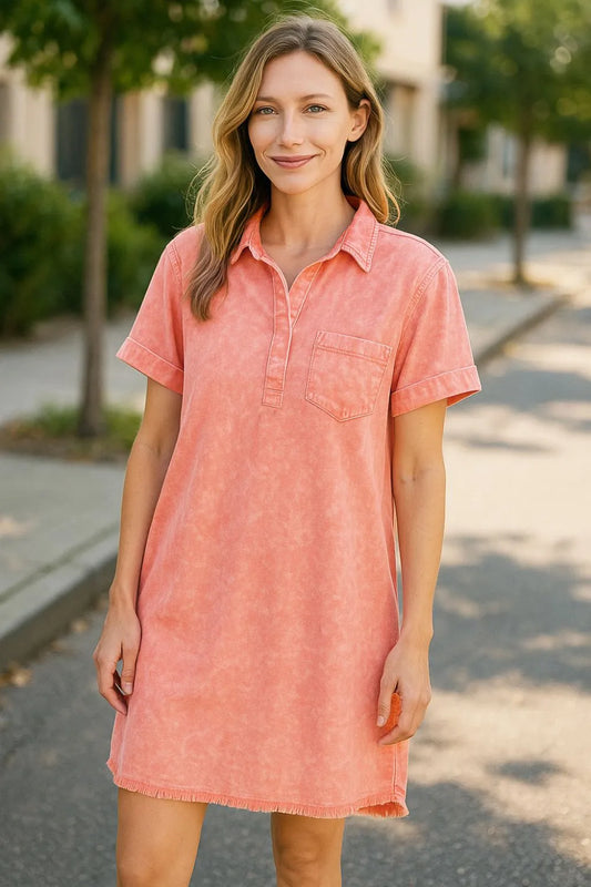 Image of Zenana Tencel Mineral Washed Collared Shirts Dress | Queeble.shop