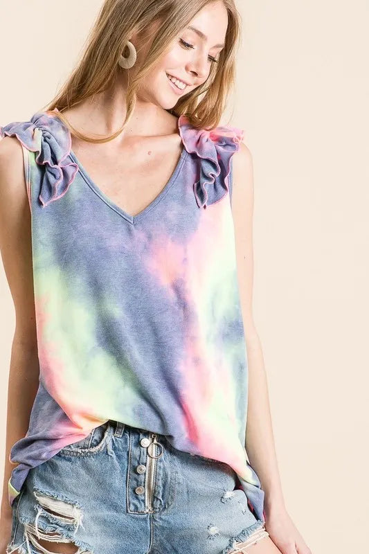 Image of BiBi Tie Dye French Terry V Neck Top with Ruffle | Queeble.shop