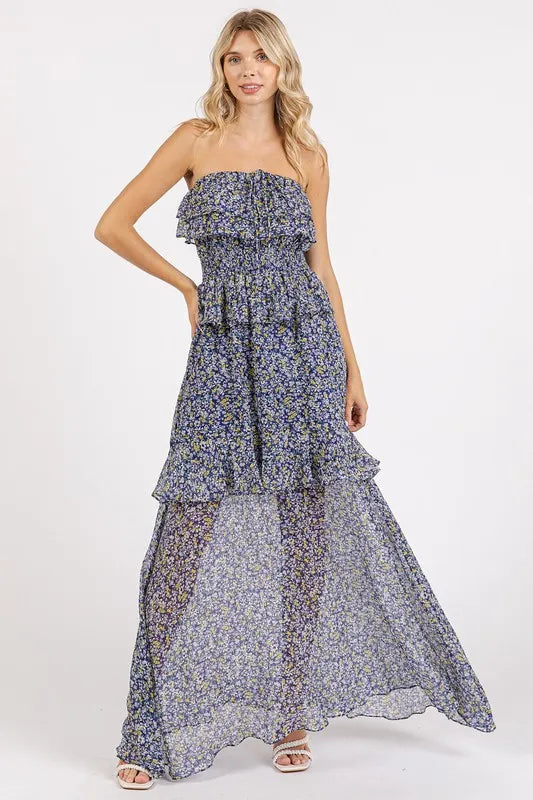 Image of Mittoshop Ruffled Smocked Floral Halter Neck Maxi Dress | Queeble.shop