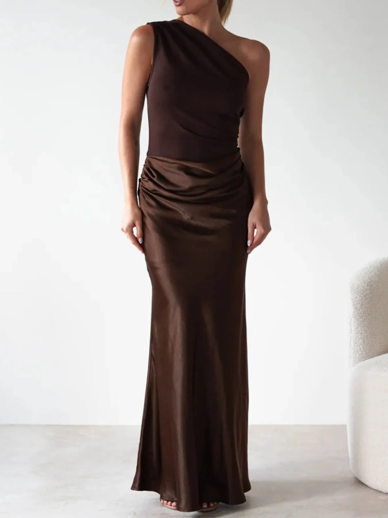 Image of One Shoulder Ruched Bodycon Maxi Dress | Queeble.shop