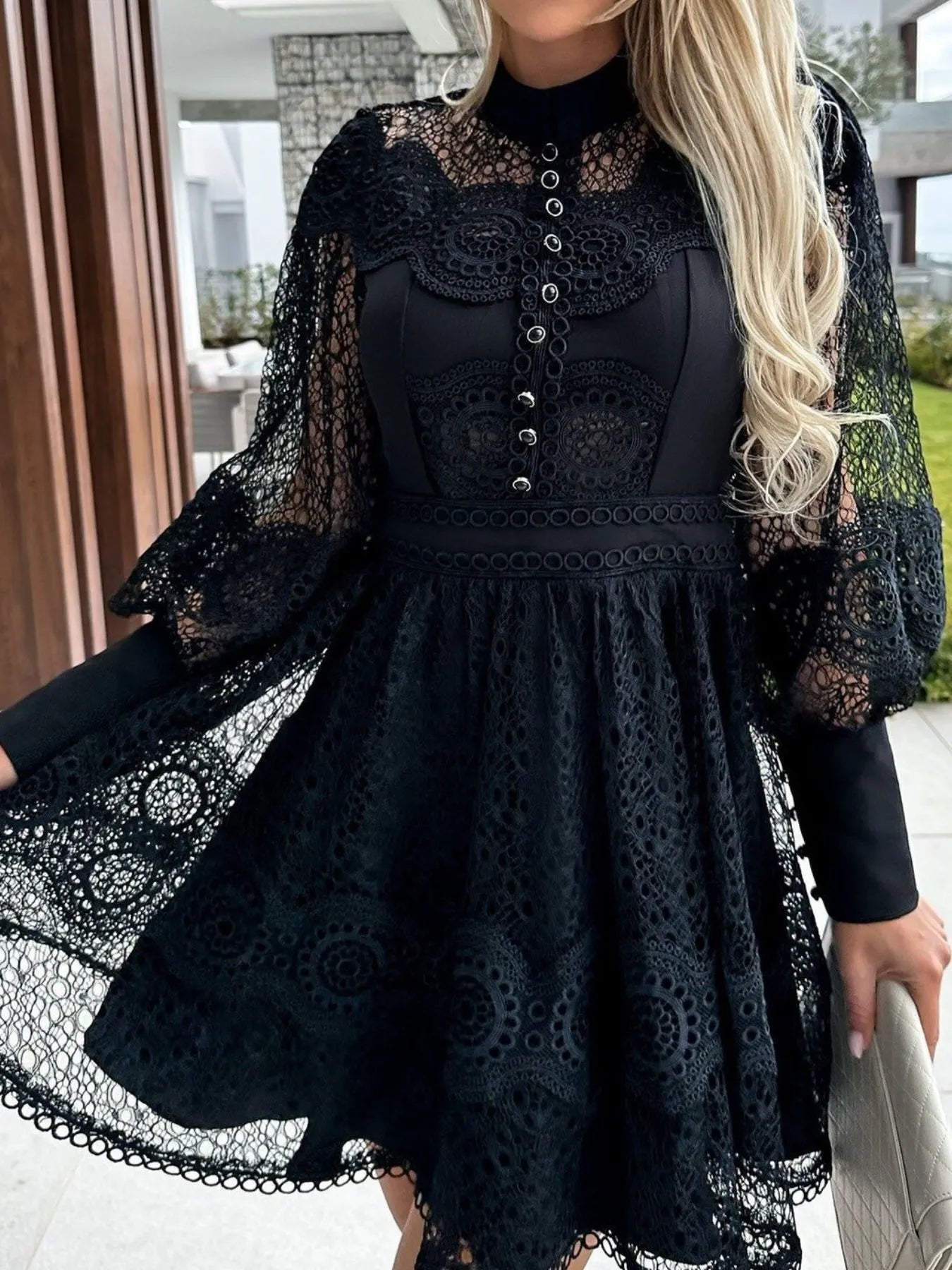 Image of Lace Lantern Sleeve Mini Dress | Queeble.shop
