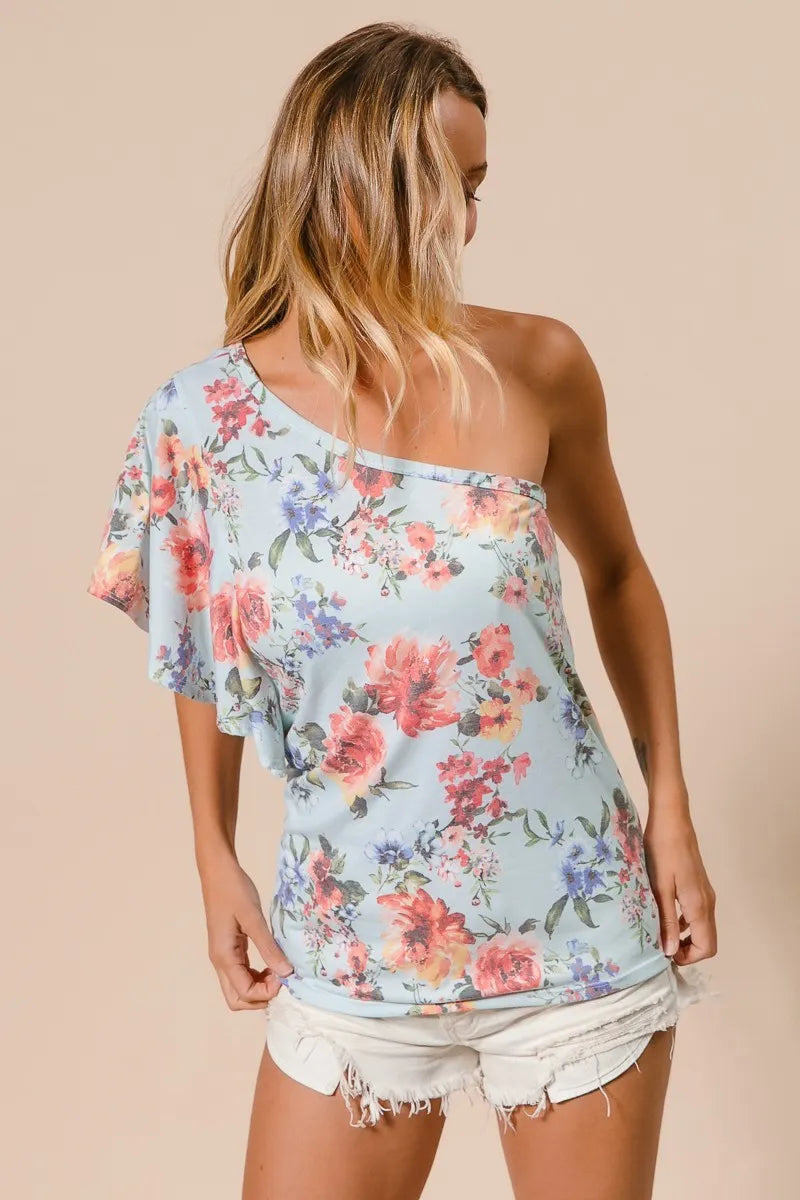 Image of BiBi Floral Printed Jersey Knit Ruffle Sleeve Top | Queeble.shop