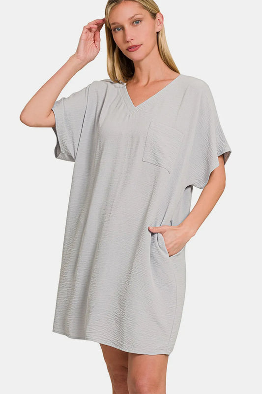 Image of Zenana V-Neck Tee Dress with Pockets | Queeble.shop