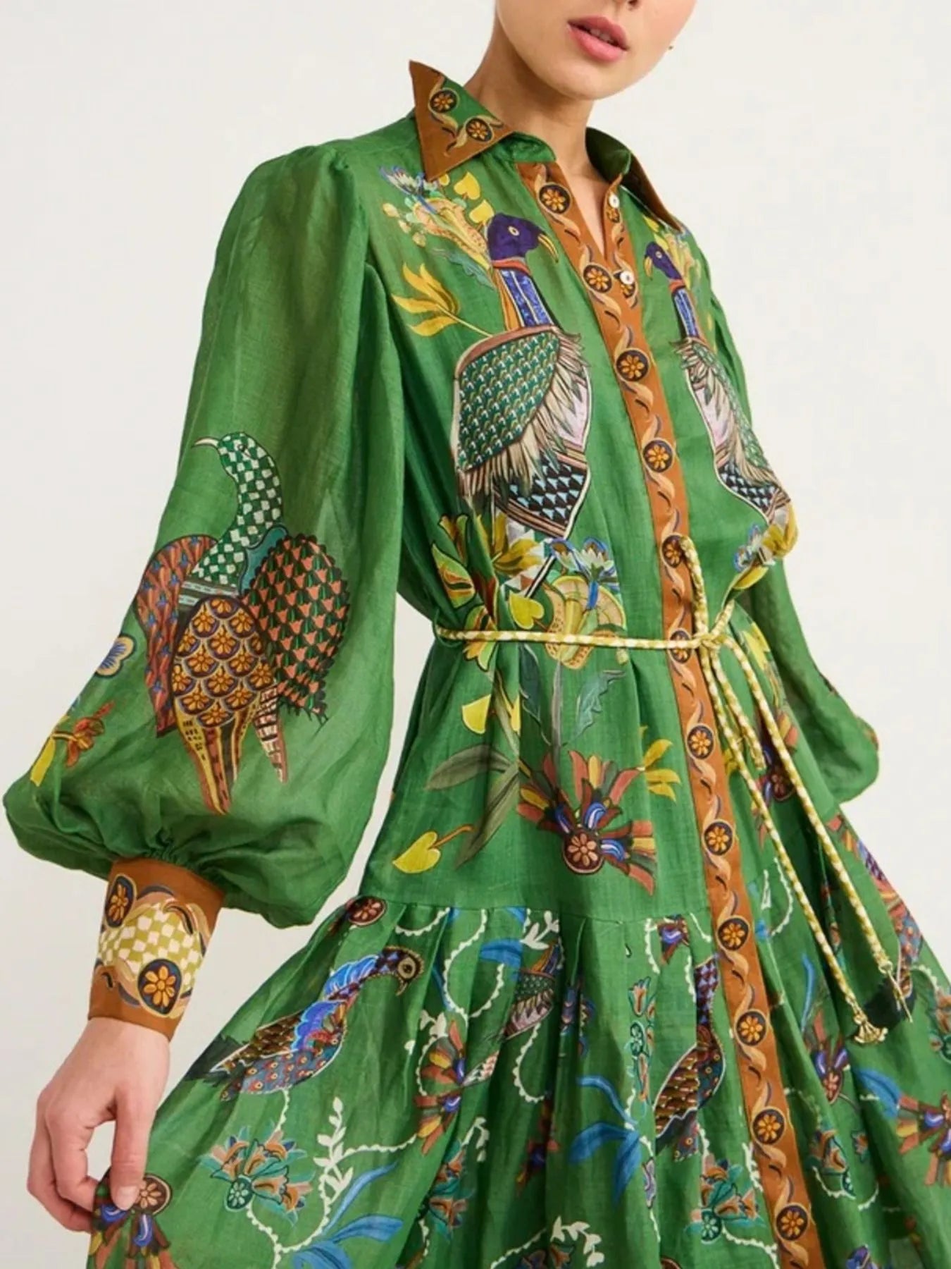 Image of Printed Lantern Sleeve Maxi Shirt Dress | Queeble.shop