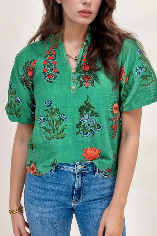 Image of Floral Print Notched Short Sleeve Blouse | Queeble.shop