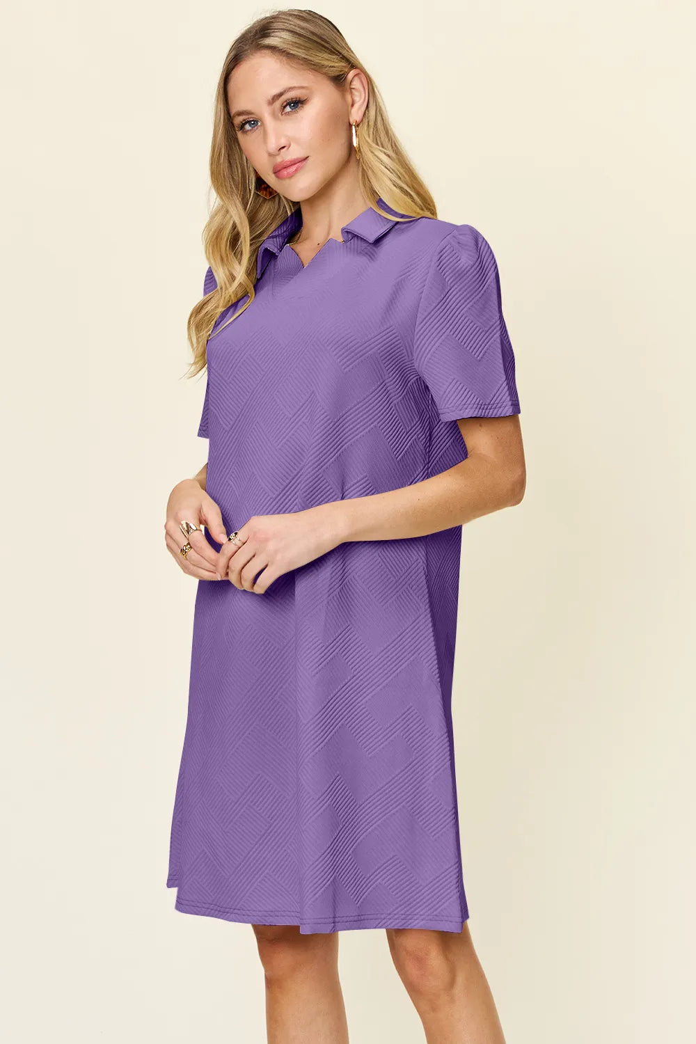 Image of Double Take Full Size Texture Collared Neck Short Sleeve Dress | Queeble.shop