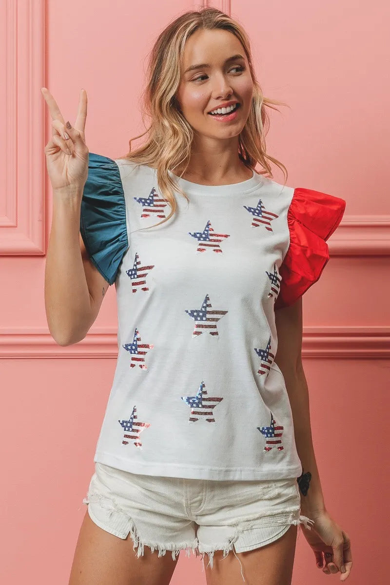 Image of BiBi American Flag Sequin Stars Top | Queeble.shop