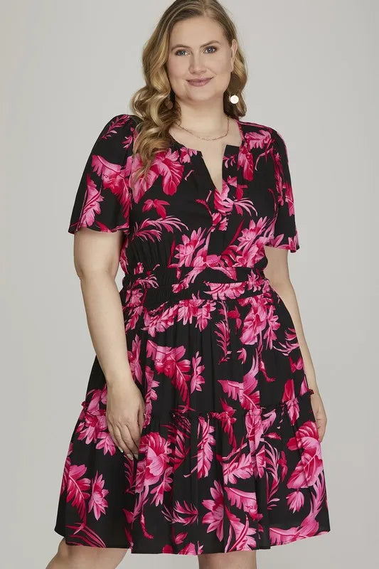 Image of She + Sky Full Size Printed Notched Short Sleeve Frill Tiered Dress Plus Size | Queeble.shop
