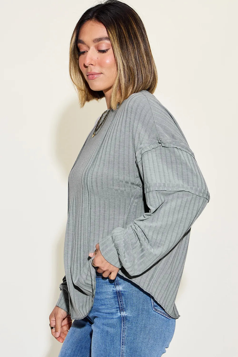 Image of Basic Bae Full Size Ribbed Round Neck Long Sleeve T-Shirt | Queeble.shop