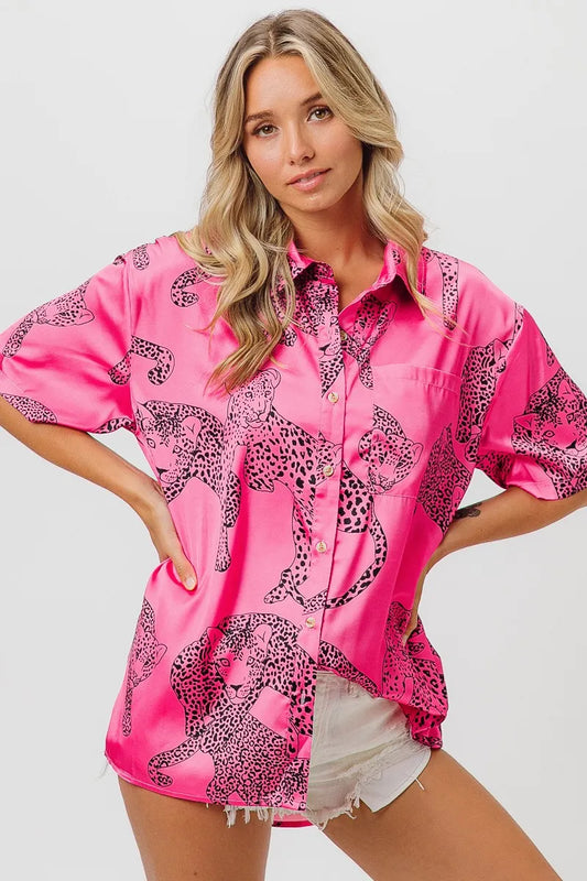 Image of BiBi Leopard Print Short Sleeve Silky Satin Shirt Top | Queeble.shop