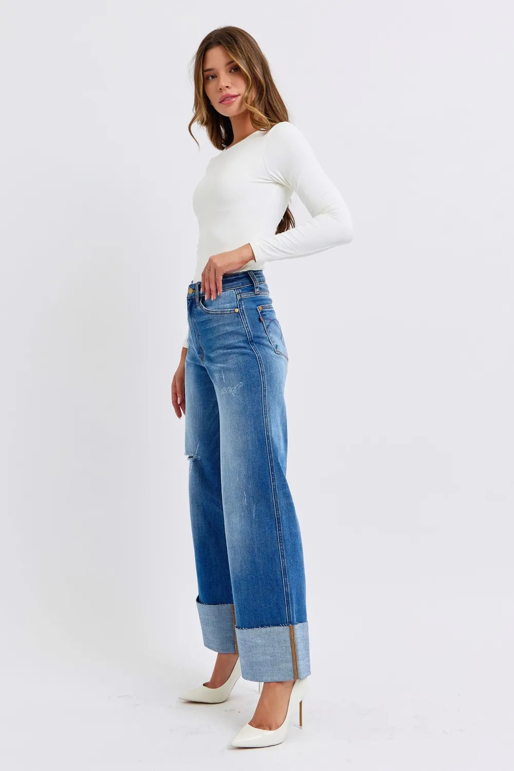 Image of Judy Blue Full Size Distressed High Waist Wide Leg Jeans | Queeble.shop