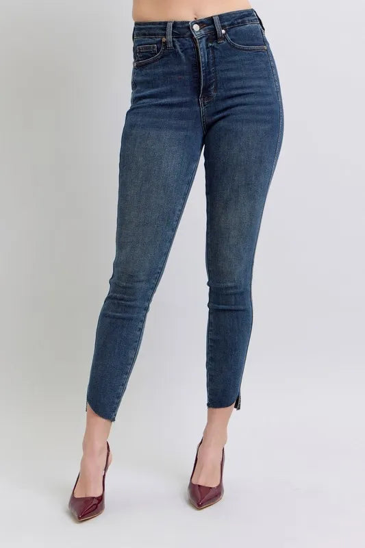Image of Judy Blue Full Size High Waist Tummy Control Step Hem Skinny Jeans Plus Size | Queeble.shop