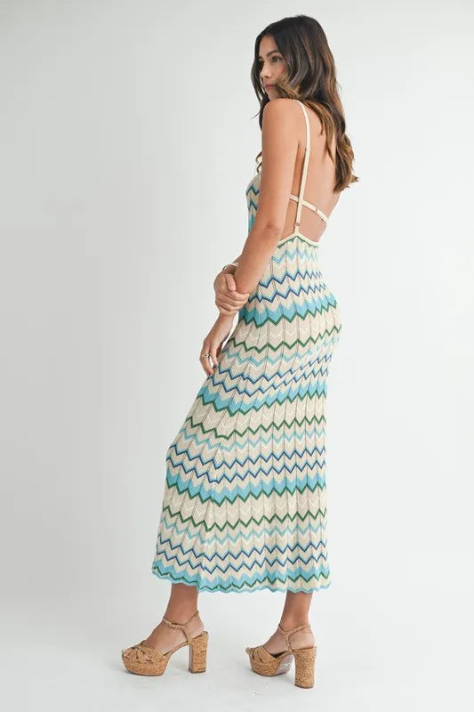 Image of MABLE Lightweight Pointelle Chevron Knit Maxi Dress | Queeble.shop
