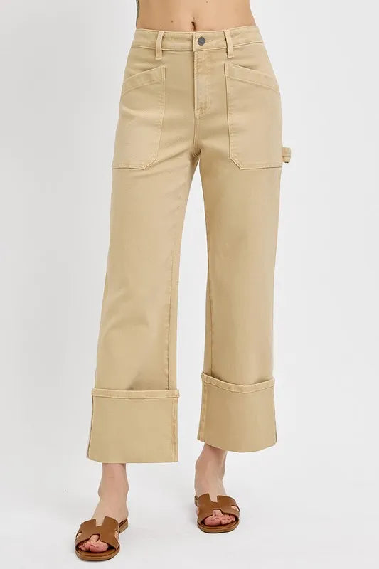 Image of RISEN Full Size High Rise Wide Straight Cuffed Patch Jeans Plus Size | Queeble.shop