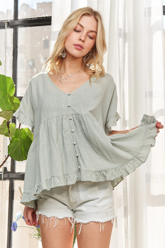 Image of ADORA Button Down Ruffled Babydoll Blouse | Queeble.shop