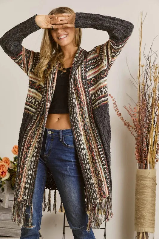 Image of ADORA Full Size Fringe Hem Aztec Cardigan Plus Size | Queeble.shop