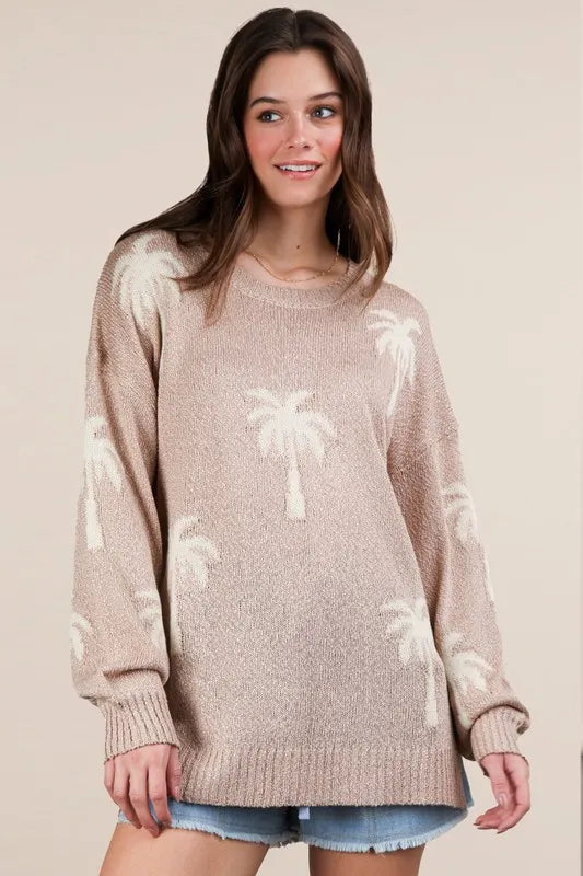 Image of VERY J Palm Tree Graphic Oversized Knit Sweater | Queeble.shop