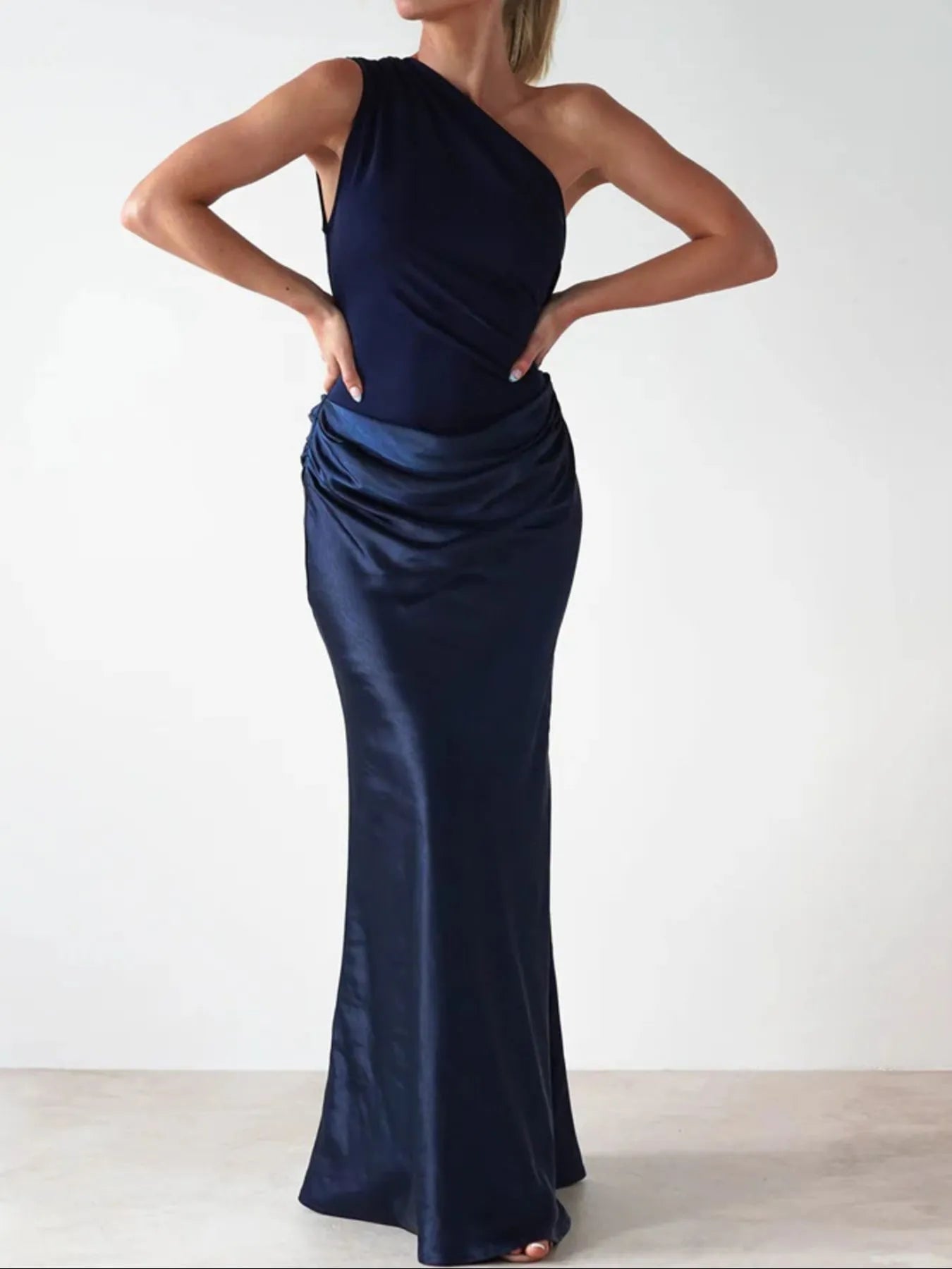 Image of One Shoulder Ruched Bodycon Maxi Dress | Queeble.shop