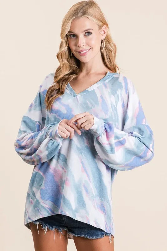Image of BiBi Tie Dye French Terry Top with Balloon Sleeves | Queeble.shop